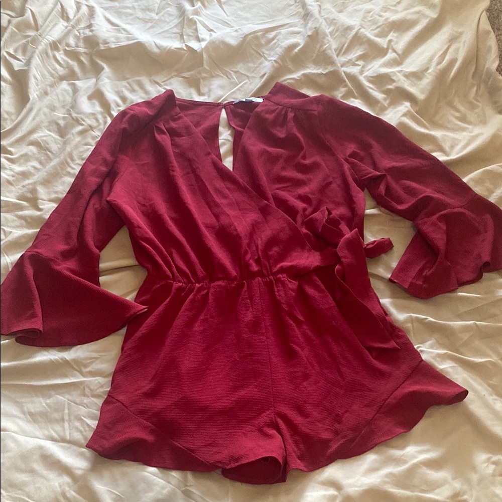 She + Sky Burgundy Long Sleeve Romper
